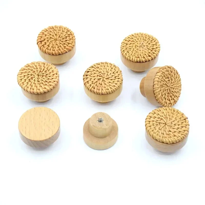 Wooden Handles Dresser Knobs Round Rattan Furniture Handles Handmade Kitchen Cupboard Drawer Knobs