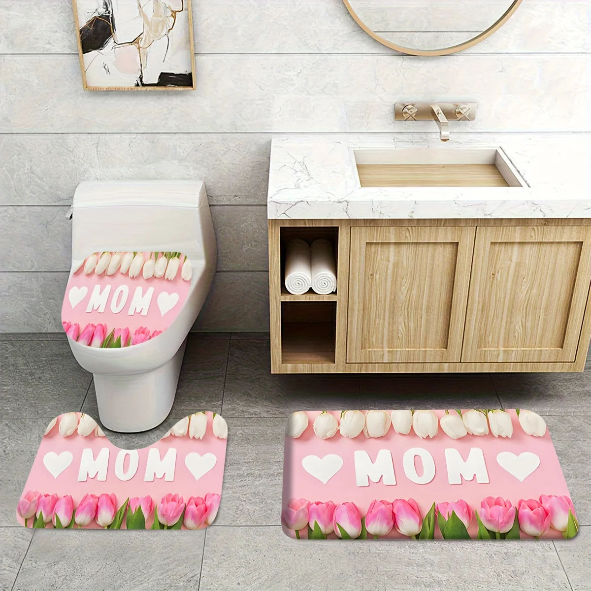 

3pcs Pink Tulip Heart Pattern Bathroom Mat Set, Toilet Seat Mat, Toilet U-Shaped Mat, Flannel Material, Soft Surface