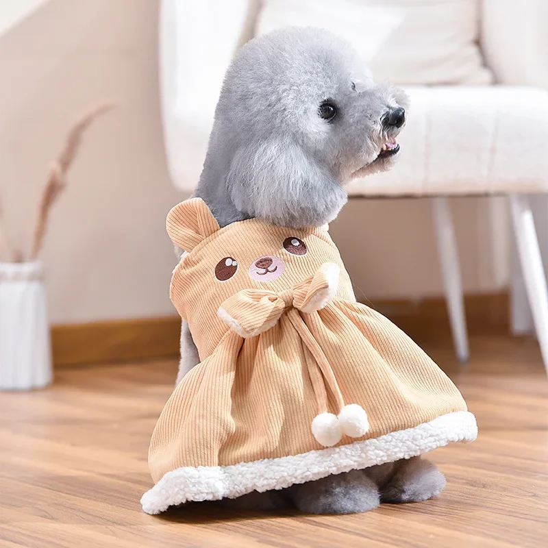 Pet Cute Corduroy Bear Strap Skirt Princess Wind Bow Autumn/Winter Small Pet Clothes Dog Dresses for Small Dogs Puppy Clothes