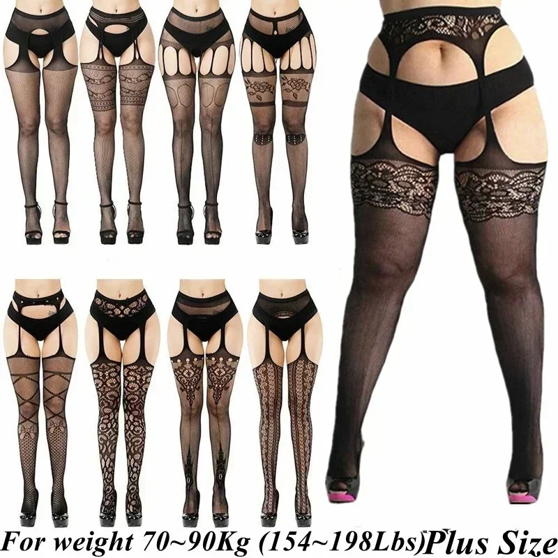 Elastic Large Plus Size Stockings with Garter for Women Fishnet Pantyhose Over Size Knee Thigh High Long Socks Sexy Tights XXXXL