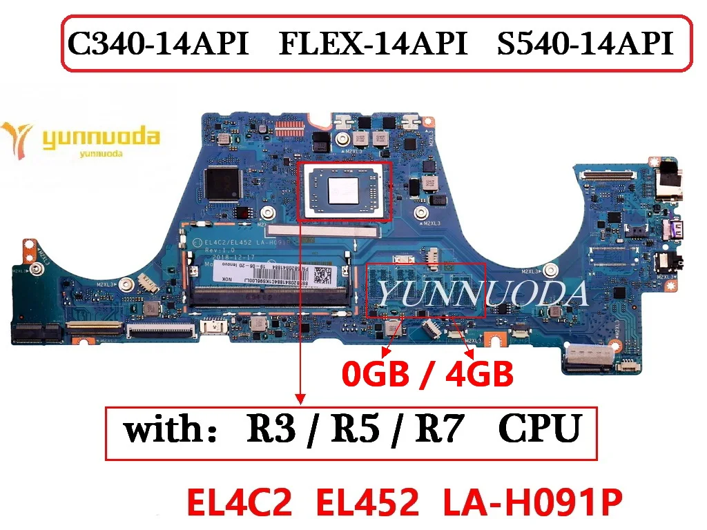 LA-H091P For Lenovo IdeaPad C340-14API  FLEX-14API   S540-14API laptop motherboard with R3 R5 R7 CPU 0G 4G RAM 100% tested