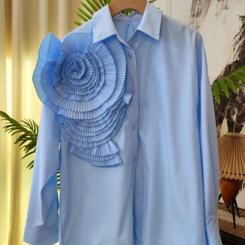 OCEANLOVE Solid Spring Autumn Shirts&blouses 3D Flowers Vintage Korean Fashion Women Tops Elegant Sweet Party Blusas Mujer