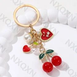 Pretty Cartoon Cherry Preal Heart Enamel Keychain Love Fruit Key Ring For Women Girl Handmade Friendship Gift Jewelry Set