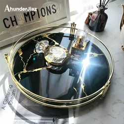 Black Marble Pattern Mirror Tray, Cosmetics Jewelry Storage Trays, Round Fashion Glass Plate, Room Home Decoration
