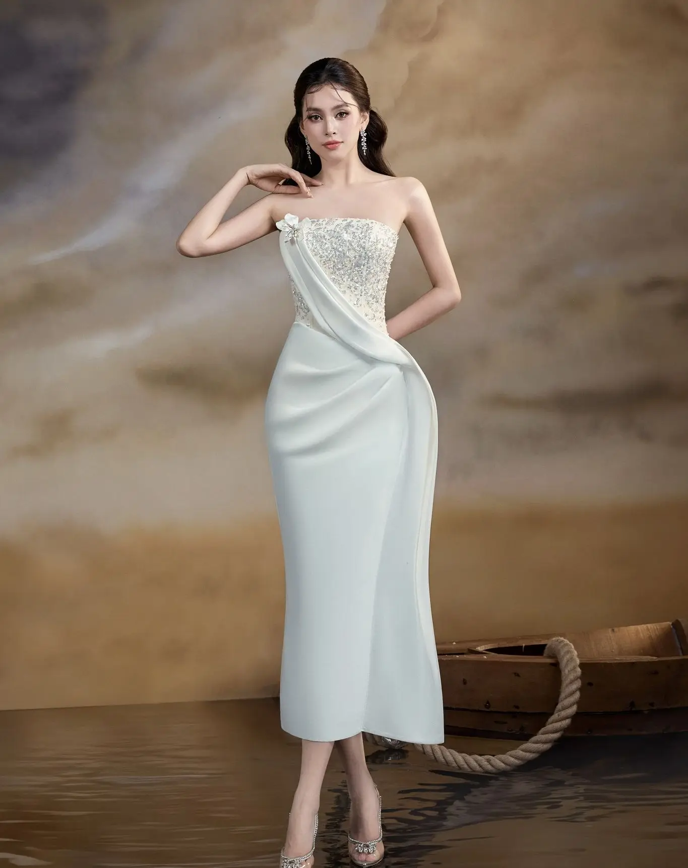 

Customized Exquisite Jersey Straight Sequined Flowers Evening Dress High Quality Tea Length vestidos para mujer