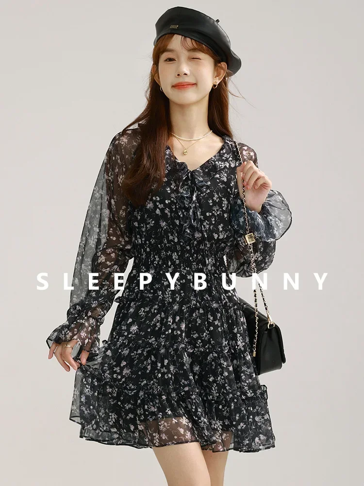 Spring Fall Women Black Short Jacket and Floral Chiffon Dress Set Slim Fit Sweet and Elegant Two-Piece Outfit for Stylish Looks