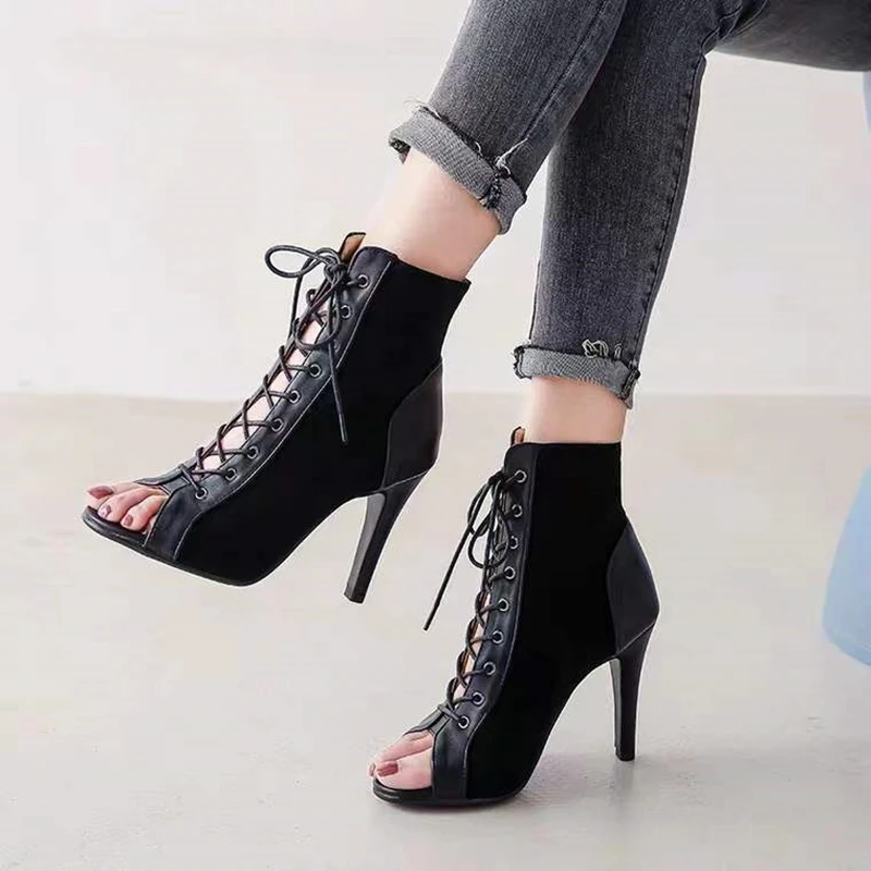 Lace-Up Sandals Heels 9CM Women's Shoes Summer 2023 Trend Black Sexy Peep Toe Boots Fashion Cloth Stilettos Jazz Dance Female