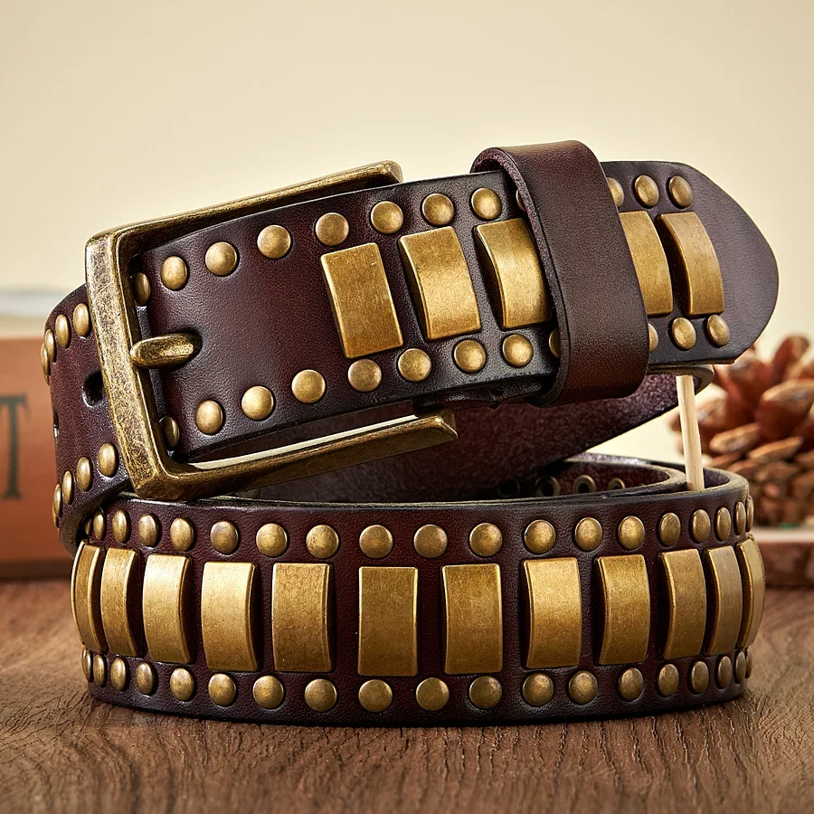 Punk Rock Rivet Belt in Geometric Pattern for Men and Women, First Layer Cowskin Hip Pop Accessory