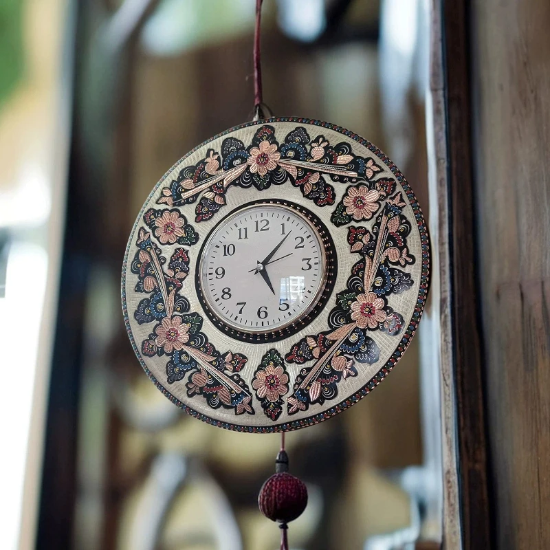 Purely handmade wall clock enamel color pure copper round European indoor ornament battery movement jumping seconds