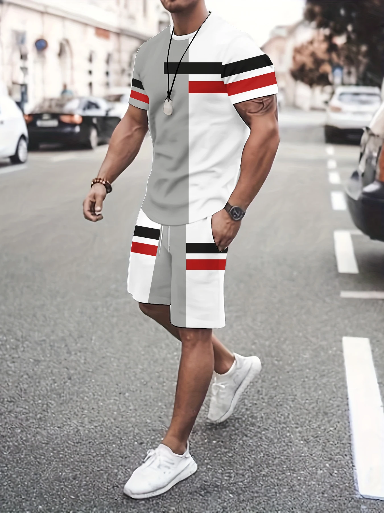 

Men's Energetic Fashion Suit, Two-Piece Set with Contrasting Stripes and Printed Elements, Outdoor Casual Top and Shorts