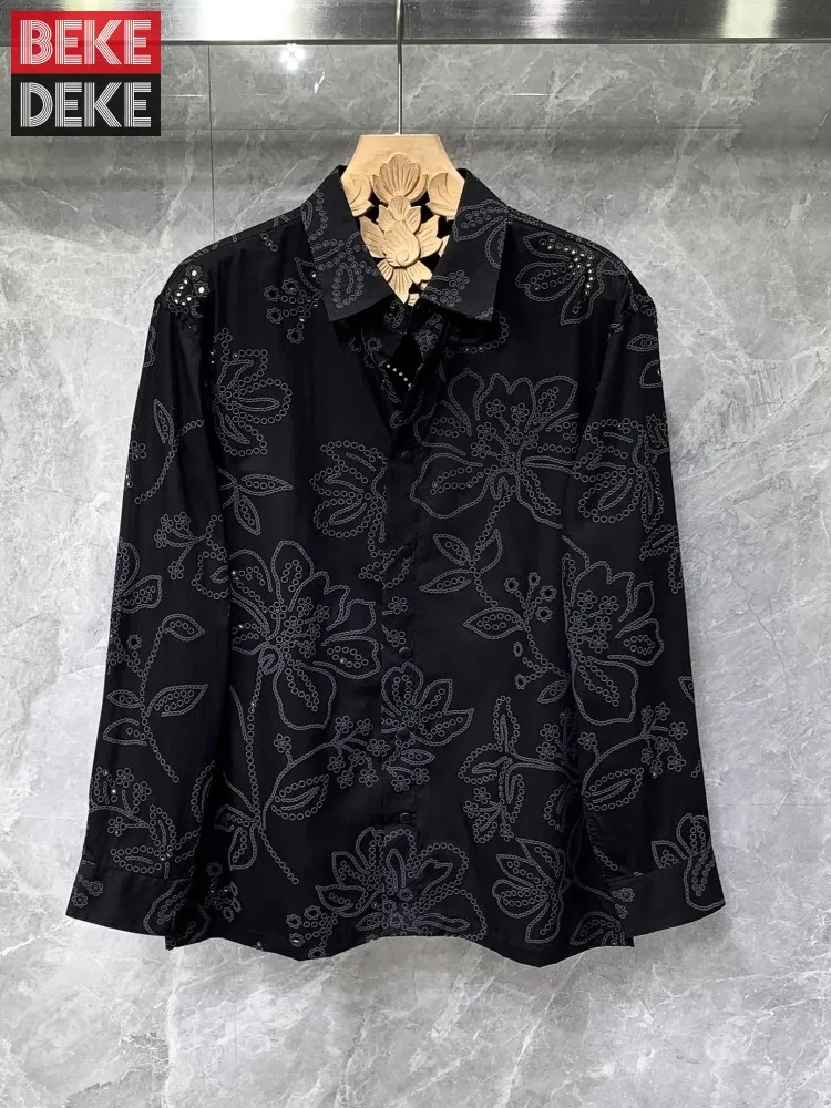 2025 New Summer Mens Pure Cotton Shirts Embroidered Floral Patterns Casual Turndown Collar Long Sleeve Loose Fit Fashion Tops