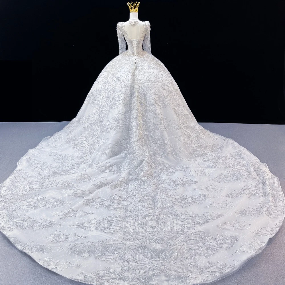 Customized Elegant Long Sleeve Organza Wedding Dress O Neck With Long Cathedral Train Illusion Long Sleeves Vestido De Novia
