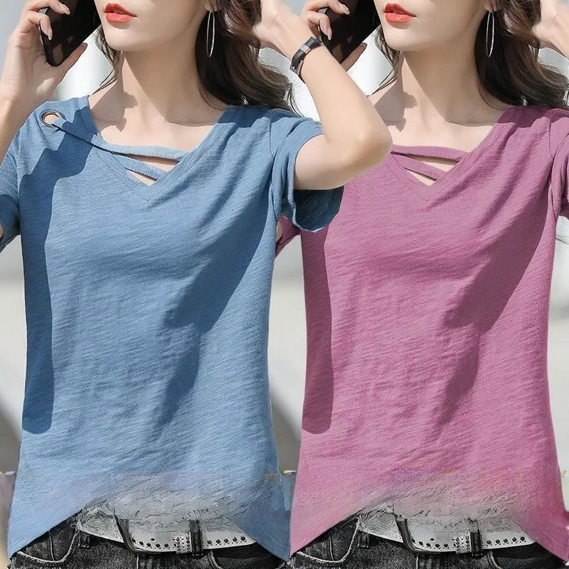 Loose Fit Bamboo Cotton Short Sleeve V-Neck T-Shirt Women's Summer Slimming  Color Base Layer Top Casual Commute Style