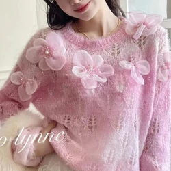 Spring Autumn New Fashion Round Neck Long Sleeve Jacquard Weave Solid Pullovers Women's Clothing Korean Hollow Out Knitting Tops