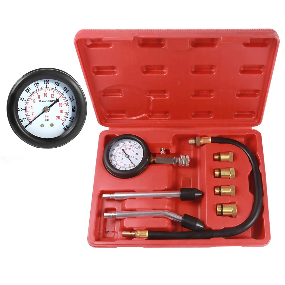 Compression tester kit For Fuel Petrol Engine Cylinder M10 M12 M14 M18 Adapter0-300psi Tester Kit Automotive Tool Gauge 8pcs