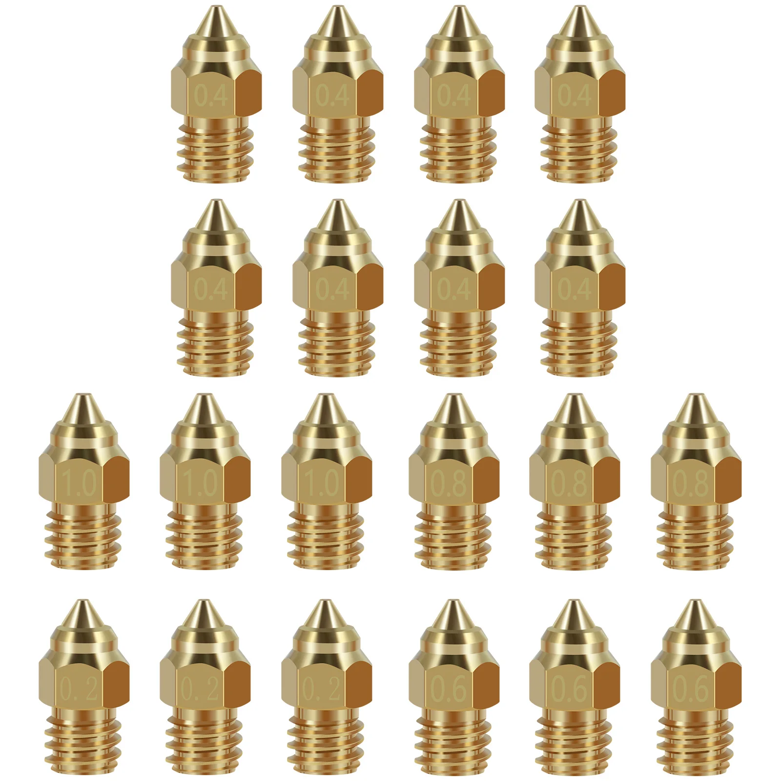 20Pcs 3D Printer Nozzles Kit Brass Printing Nozzles Set 0.2mm 0.4mm 0.6mm 0.8mm 1.0mm Nozzles Heat-Resistant 3D Printer Head 3D