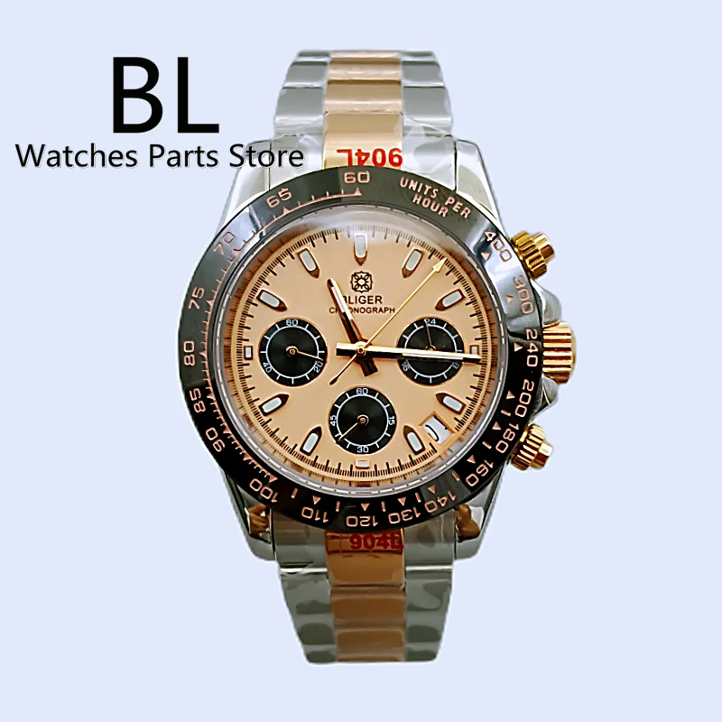 BLIGER 39mm Quartz Chronograph Watch For Men VK63 Movement  Luxury Silver Rose Gold Sapphire Crystal Rose Dial Reloj Hombre Lume