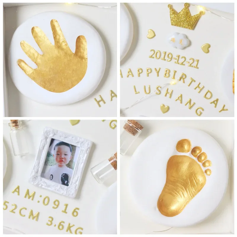 Newborn Baby\'s 100-day Full Moon Gift Baby Hand and Foot Prints Children\'s Hand and Foot Prints Mud Anniversary Photo Frame