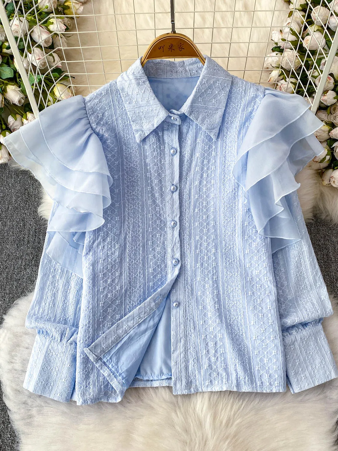 

Новинка 2026, осенняя женская рубашка с отложным воротником и длинными рукавами, многослойная сетчатая лоскутная однобортная кружевная рубашка с оборками, топы