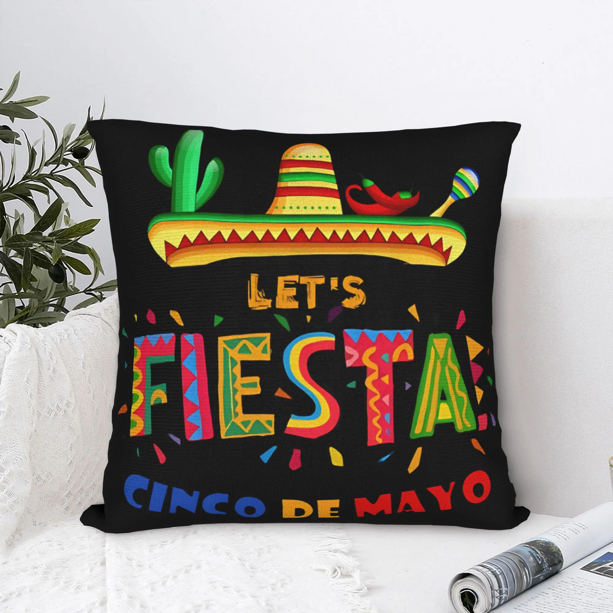 Pillow Cover Let's FIESTA Party Printed Mexican Amigo Cinco De Mayo Sombrero Retro Trendy Pillow Case For Sofa Home Decoration