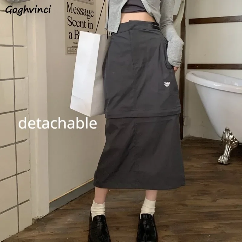 

American Cargo Skirts for Women Simple Grey Detachable High Street Y2k Harajuku Streetwear Trendy All-match Waist A-line