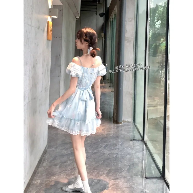 French Gentle Flying Sleeves Print Cake Dress Women Lace Ruffle Edge Splice Collarbone Princess Summer Chic Sweet Lady Wear 2024