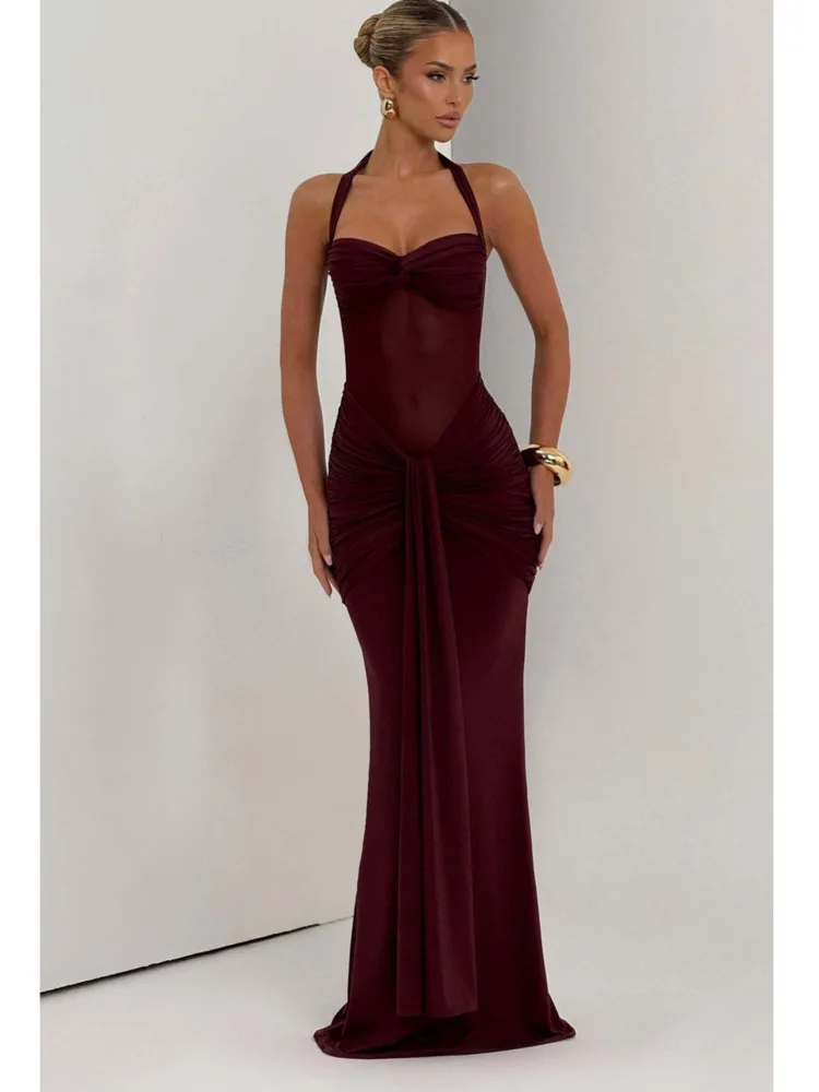 Articat Elegant Hanging Neck Mesh Patchwork Long Dress Women Sexy Sleeveless Backless Tight Party Evening Dress Sheer Formal