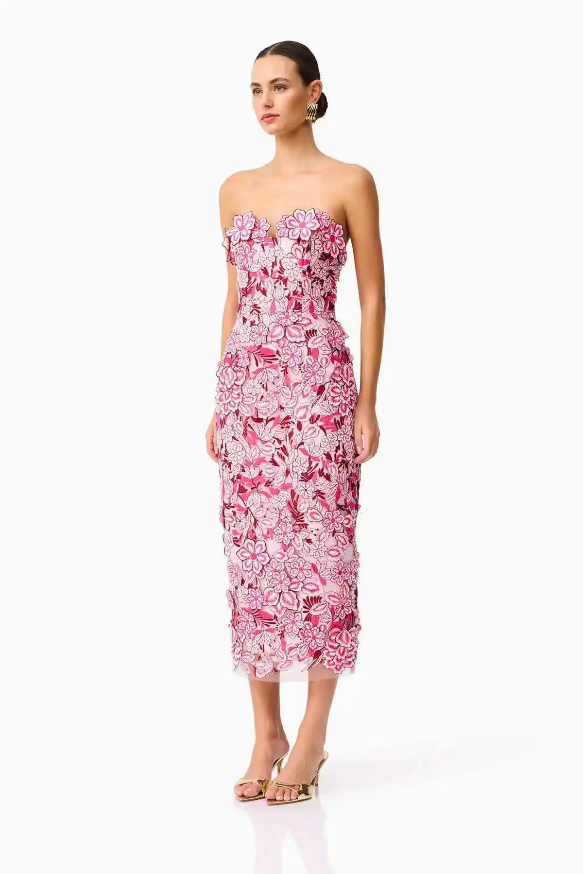 

High Quality 2026 Luxury 3D Floral Lace Strapless Midi Dress Elegant Formal Party Gown for Women
