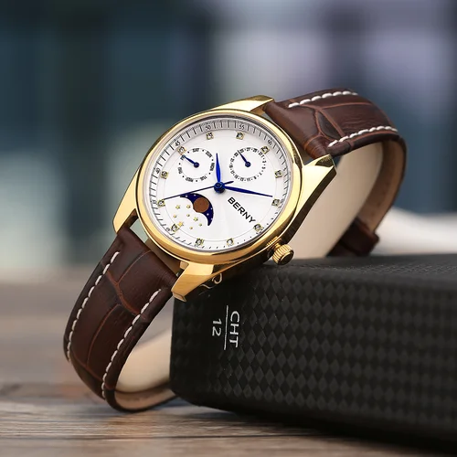 Imagen 2 del producto BERNY pareja reloj de cuarzo fase lunar día fecha calendario hombres reloj de pulsera de cuero hombres/mujeres vestido reloj MIYOTA 6P20 relojes de regalo