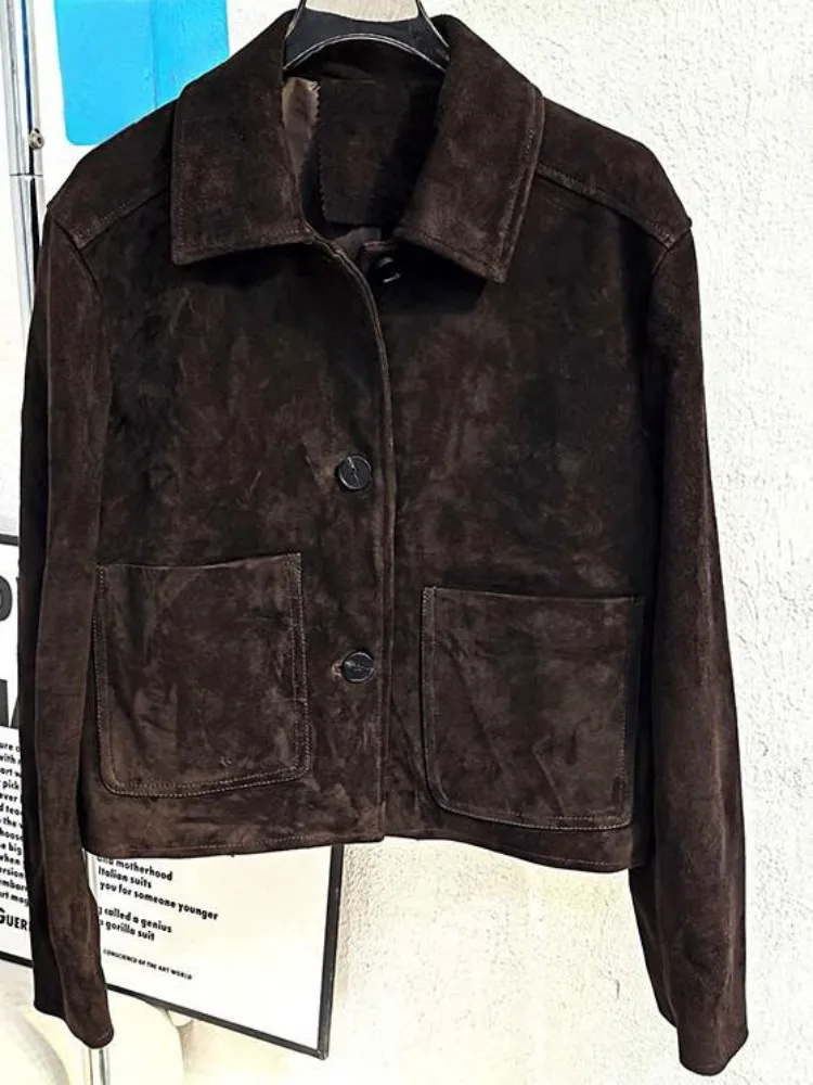 Mode Lose Revers Lange Ärmel Schaffell Kurze Jacke Freizeit Einfarbig Tasche Einreiher Echtes Leder Weiblichen Mantel