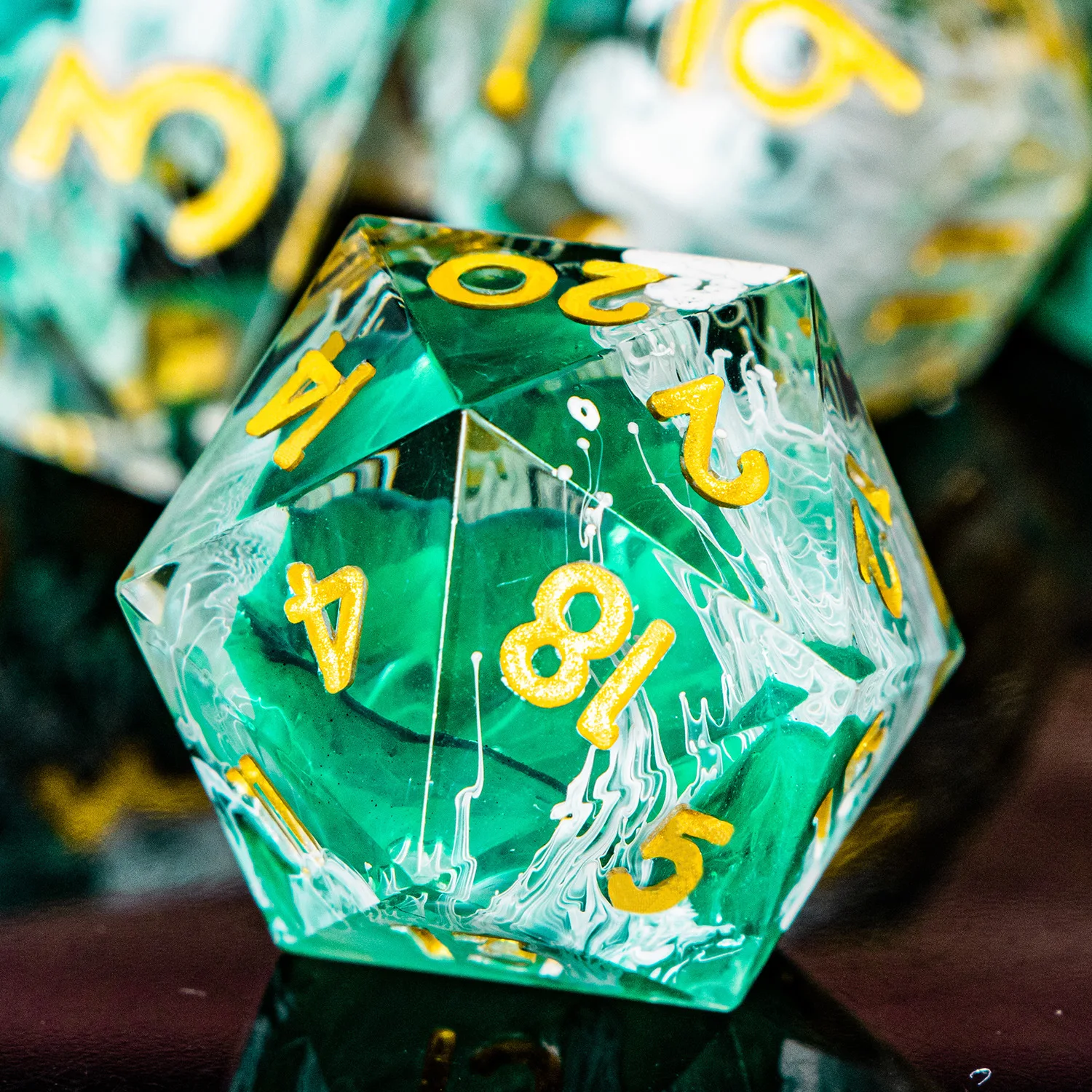 

Green D&D Sharp Edge Resin Dice for Dungeon & Dragons Polyhedral Role Playing Game D20 Dice Set with gold foil