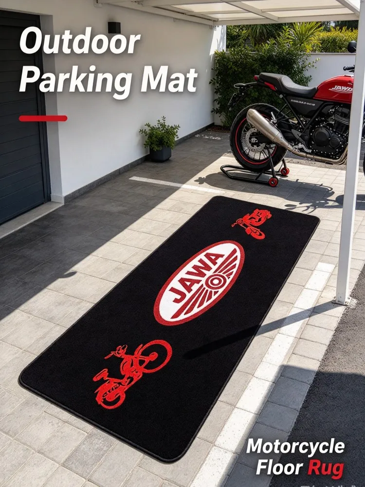**Motorcycle Long Floor Mat, Black Garage Rug with Red JAWA Style Graphic, Decorative Pit Area Carpet for Workshop Parking Motor