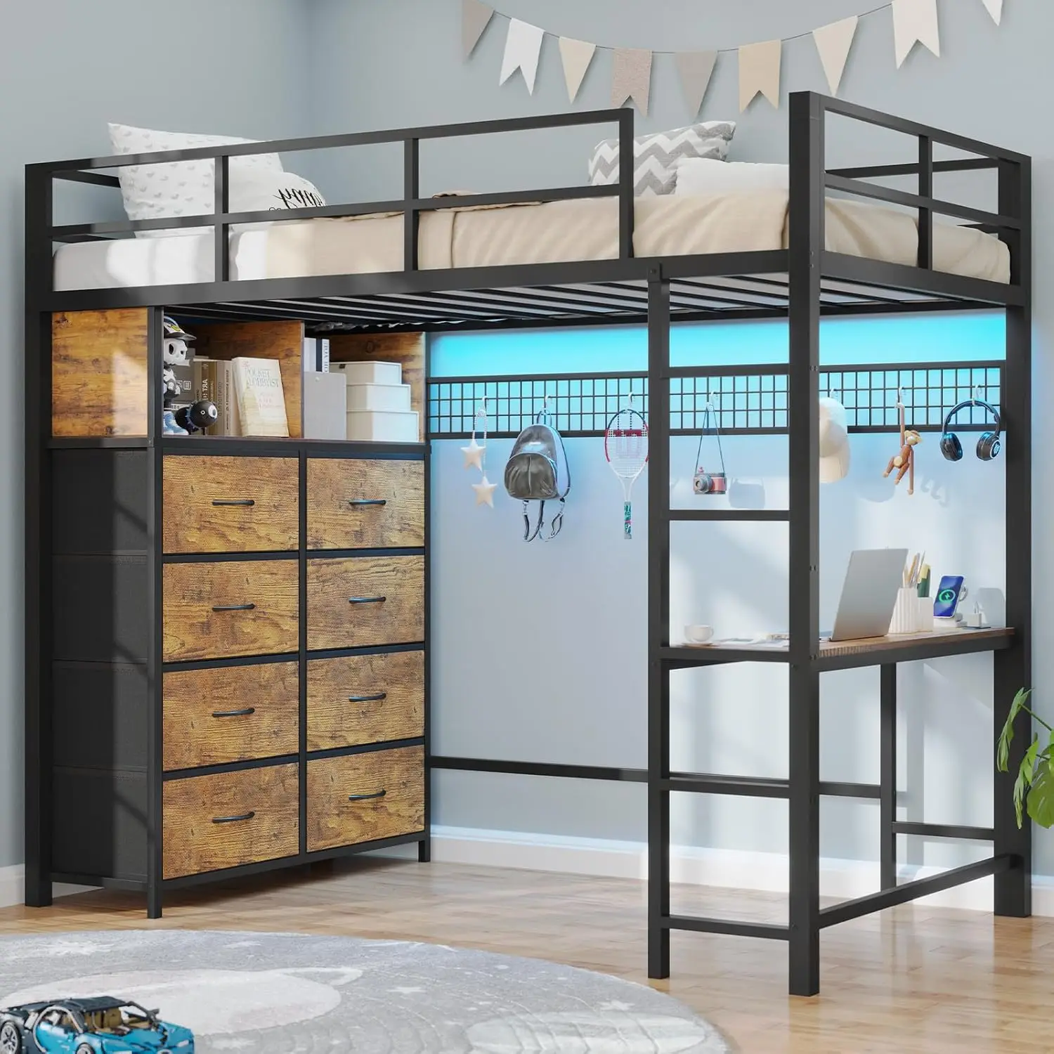 

Twin Loft Bed with Desk & 8 Storage Drawers Tall Dresser, Metal Loft Bed with LED Lights & Charging Station, 2-Tier, Customized