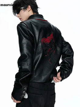 Mauroicardi Spring Autumn Short Patchwork Embroidery Pu Leather Jacket Men Zipper Deconstructed Streetwear Menswear Emo Clothes