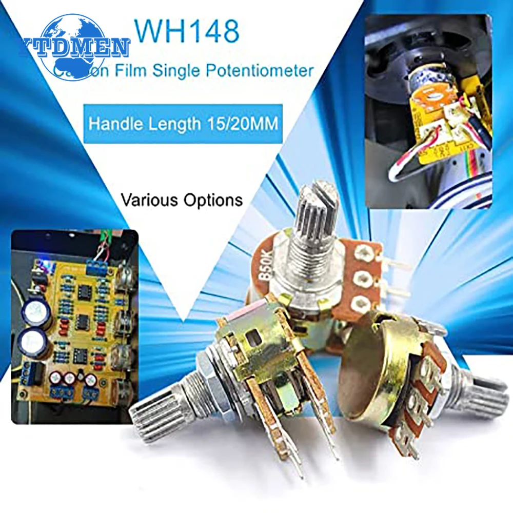5PCS WH148 6Pin Dreh Potentiometer B1K B2K B5K B10K B20K B50K B100K B500K 20MM Welle Verstärker Dual Stereo Potentiometer kit