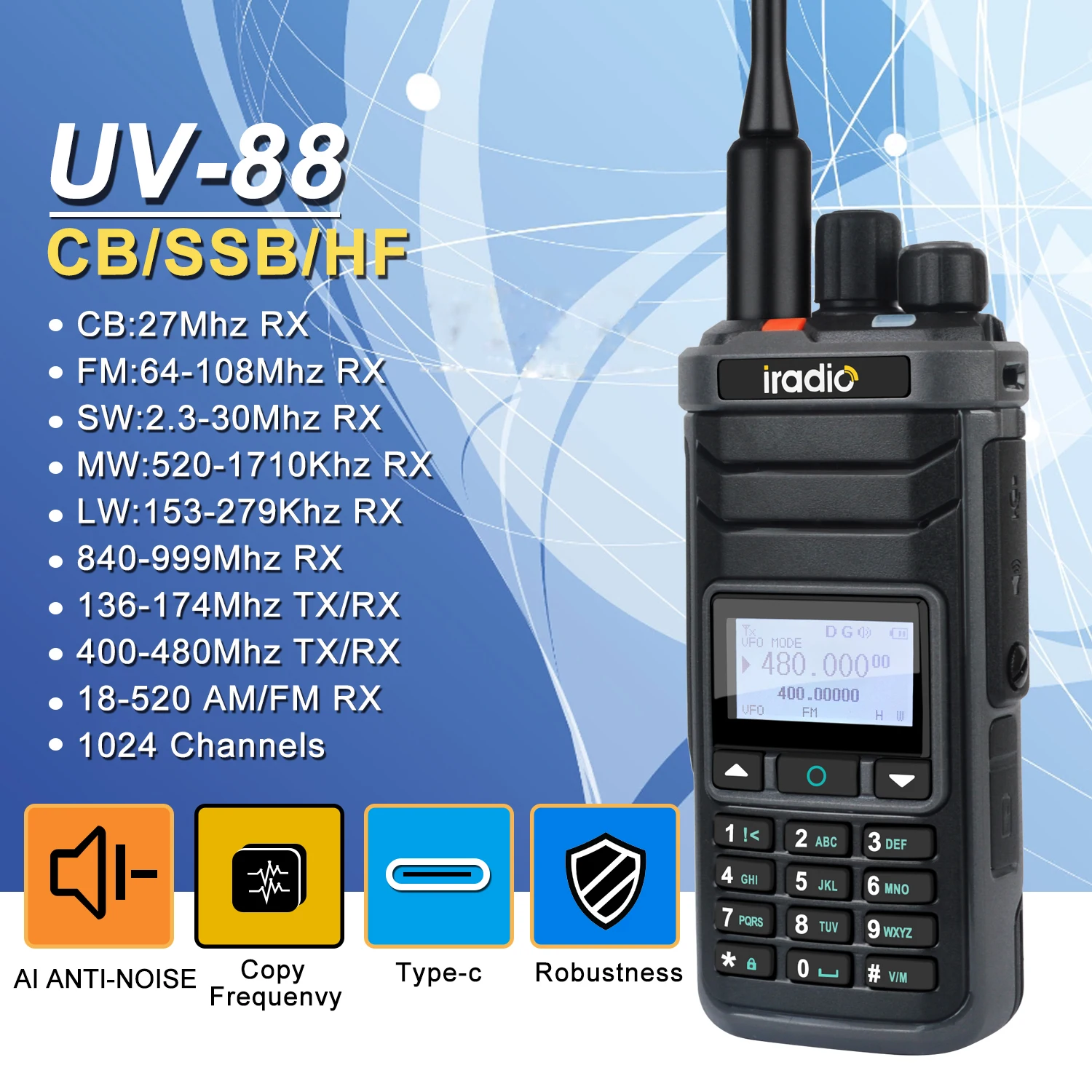 Iradio UV-88 HF CB VHF UHF Aviation Freq Multi Band AM USB LSB CW CB LW MW SW SSB Handheld Walkie Talkie UV88