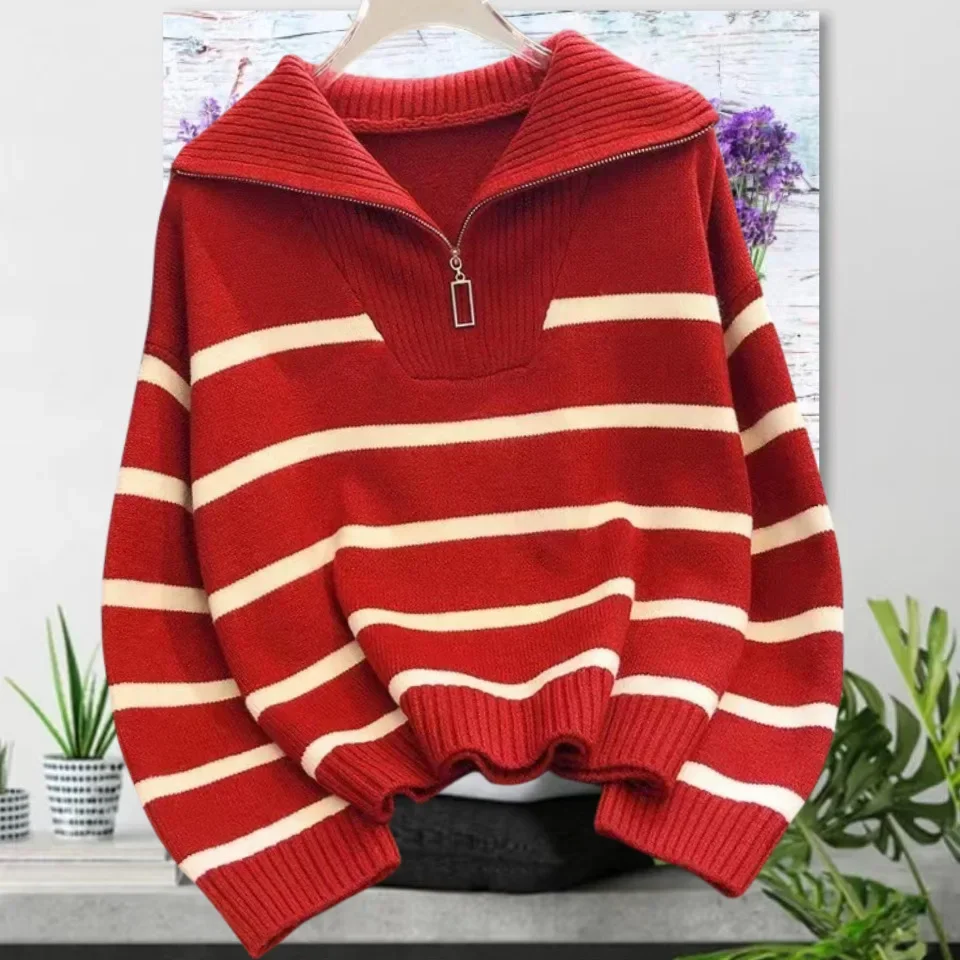 Zipper Striped Sweater Kintted Women Crochet Pullovers Streetwear Spring Autumn Winter Sweet Jumper Y2k Top Jumper Streetwear