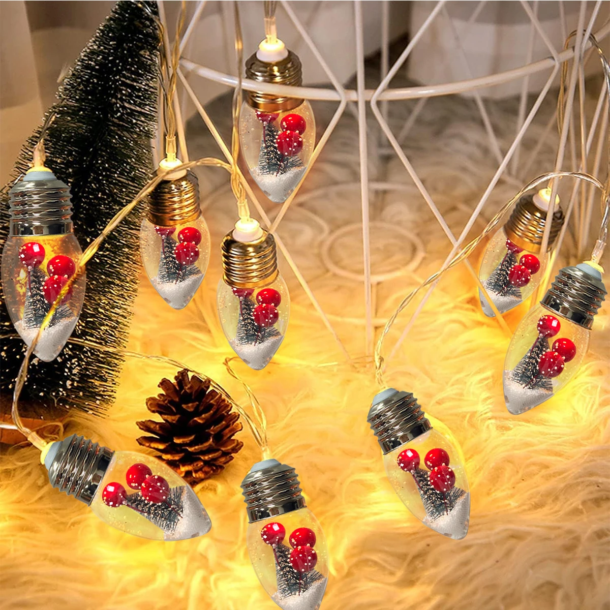1pc LED Christmas Snowball Bulb String Light With Xmas Tree And Red Berries Holiday Fairy Lights Battery Powered For Home Decor
