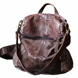 Vintage Genuine Leather Backpack Women High Quality Washed Leather Back Bag Ladies Retro Backpacks Casual Packsack Bag Rucksack