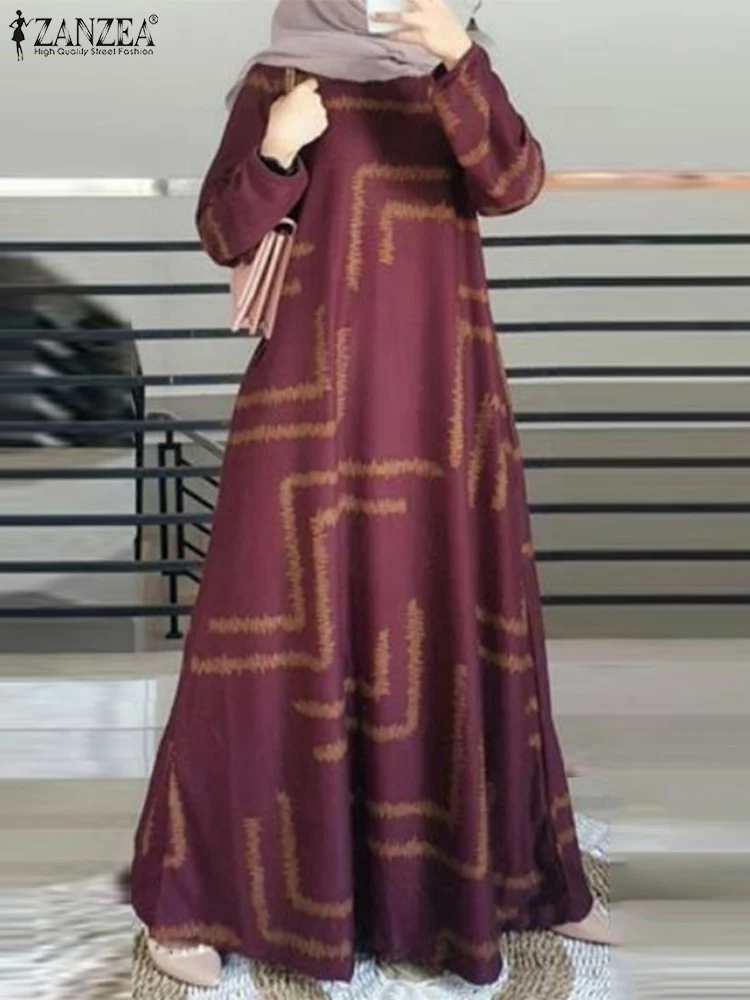 Spring Floral Printed Muslim Dress Robe 2024 ZANZEA Turkey Abaya Elegant Loose Vestidos Women Long Sleeve Maxi Sundress Kaftan