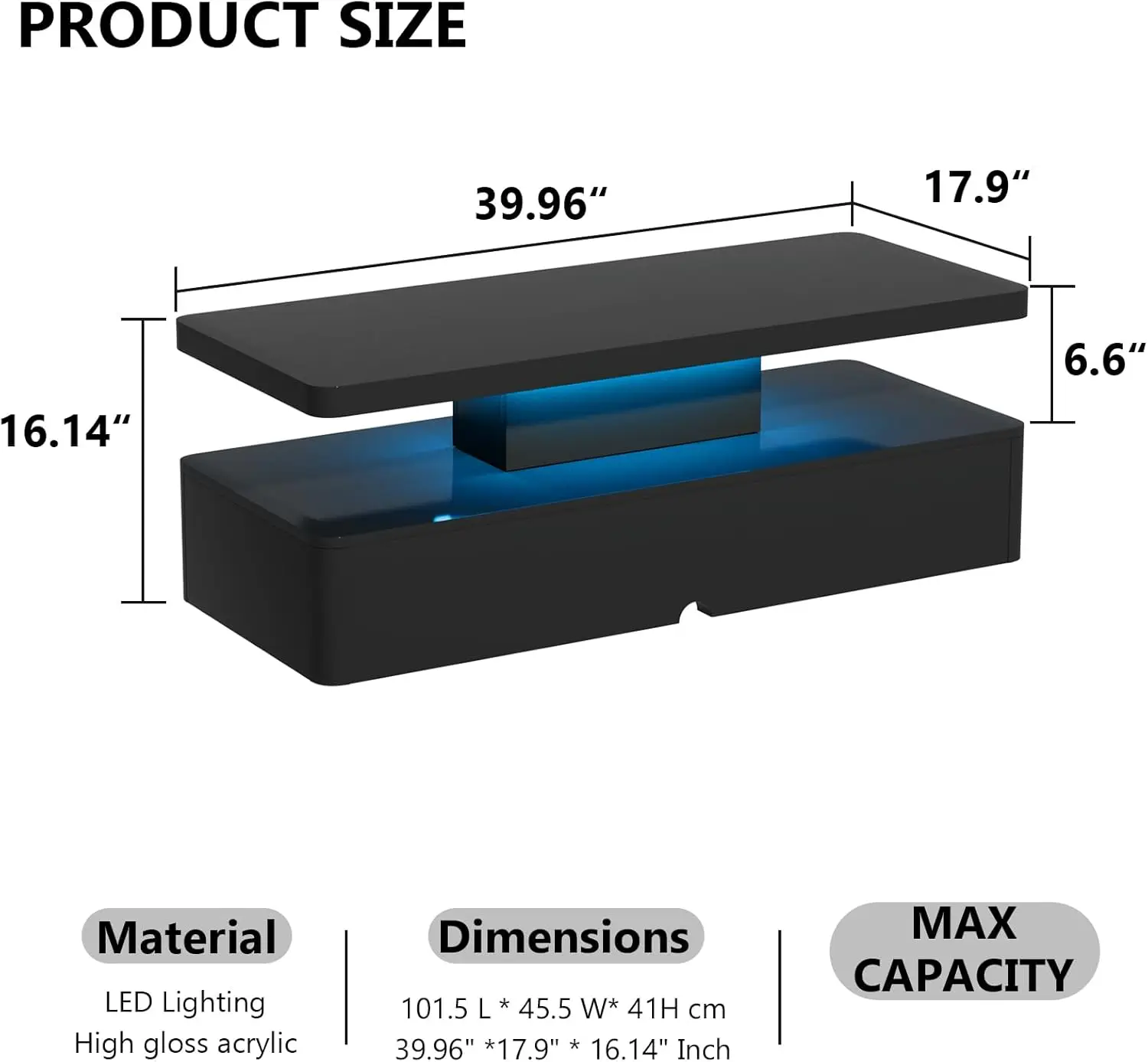 Modern Stylish Coffee Table with 16 Colors LED Lights, Double-Layer Design for Living Room, Black