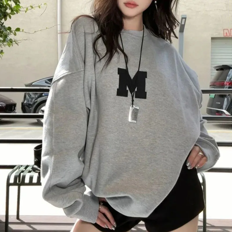 Pure Cotton Lazy Style Letter Embroidered Round Neck Sweatshirt Women Autumn New Versatile Loose Top