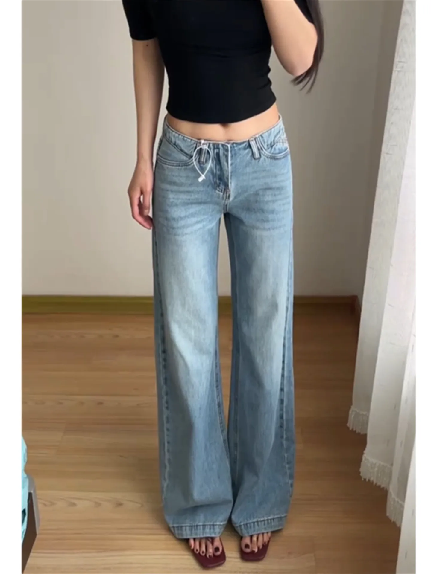 

Light Blue Low Waist Straight Leg Denim Jeans Women's Summer Thin Loose Drapey Floor-Length Pants Casual Style