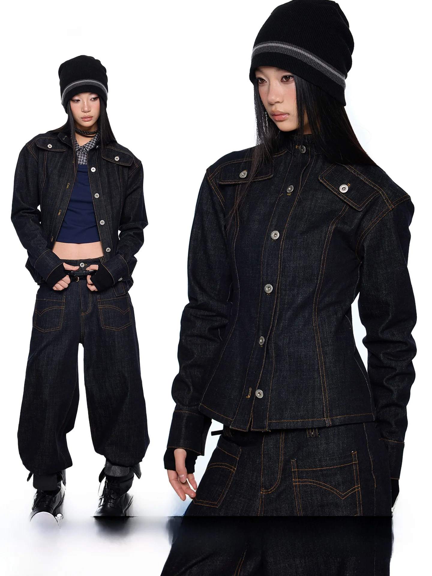 

EZEK Original Jeans Waist-Cinching Jacket Women's Casual Retro Style Spring New Short Jeans Set Loose Fit Long Sleeve Zipper