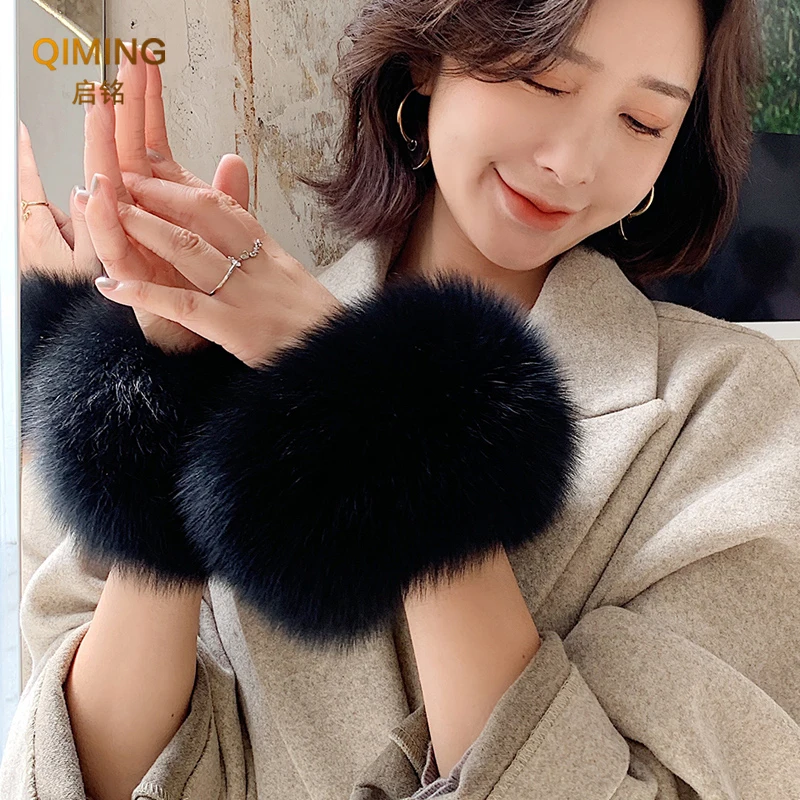 ผู้หญิงขนสัตว์จริง Cuffs แฟชั่นพับได้ Plush Soft Handband Fluffy Lap แหวน Fox Furry สร้อยข้อมือ Patting ห่วงแขนสายรัดข้อมือ ﻿