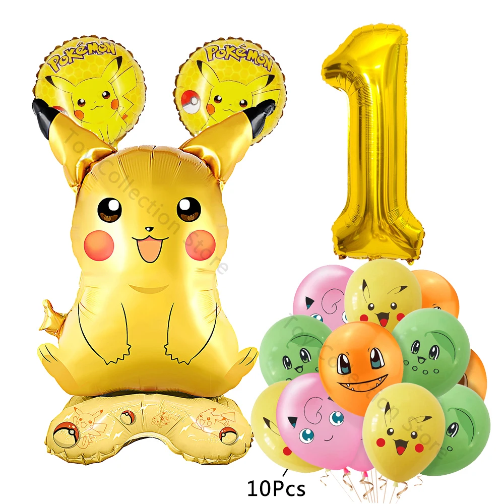 14Pcs Pokemon Pikachu Sitting Standing Foil Ballon 1 Year Old 32in Number Helium Globos Children Birthday Party Supplies Decor