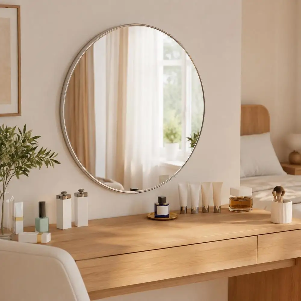 Miroir mural rond 50 cm argenté, surface lisse facile à nettoyer, haute qualité, facile à installer pour salle de bain, chambre à coucher, salon