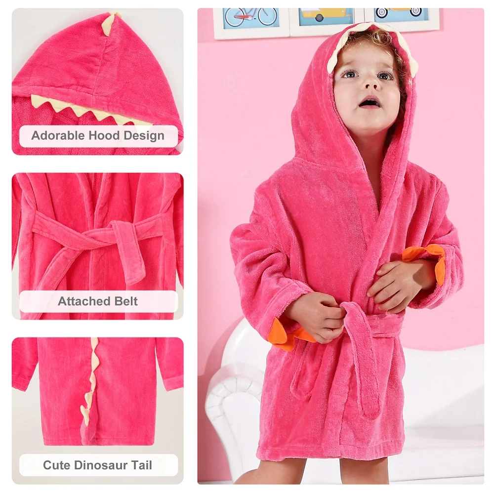 MICHLEY Dinosaur Baby Bathrobe Cartoon Cotton Hooded Soft Infant Bath Towel Robe Pajamas For Kids Boy Girl Children Winter 1-5T