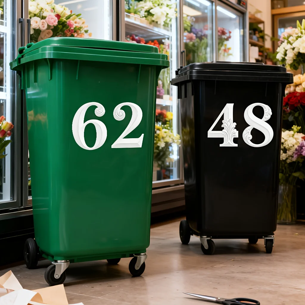 2pcs Fun PVC Self-Adhesive White Number Stickers 5.7in(14.5cm) Large Reflective Trash Can Labels for Bins Garage Organization view 4