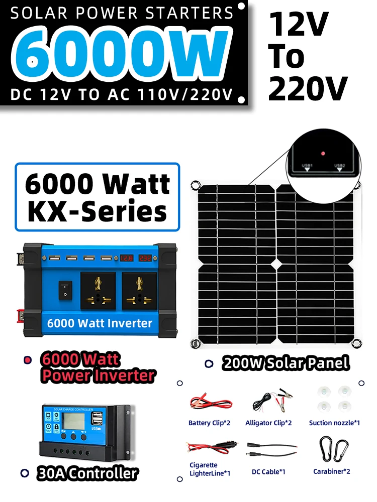 6000W Omvormer 30A Controller 5V Zonnepaneel Slimme Telefoon Autolading Camping Thuis Zonne-energie Systeem voor thuis Complete Kit RV